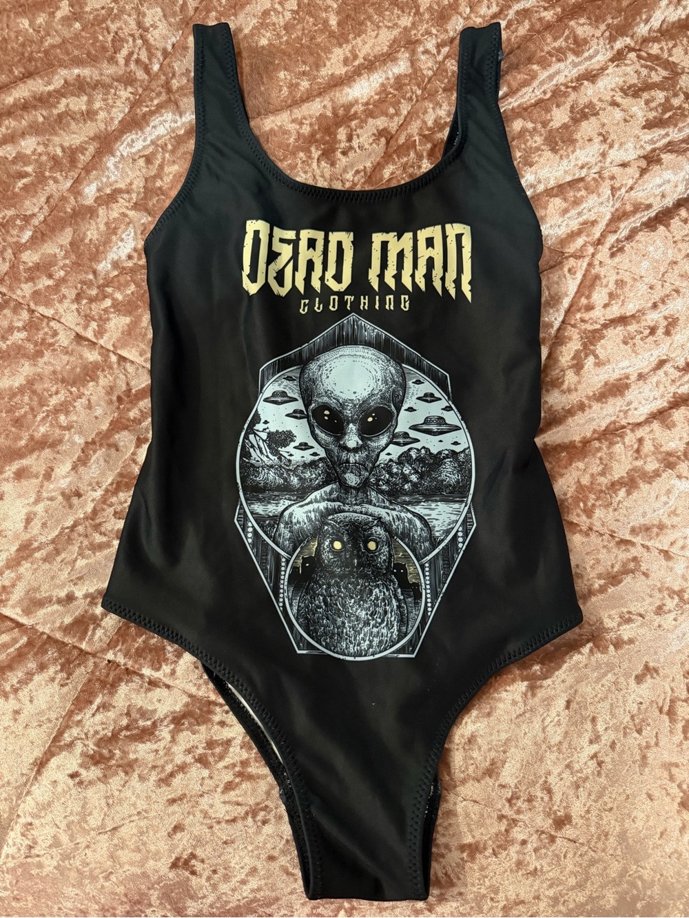 Black Alien & Owl Graphic One-Piece Swimsuit